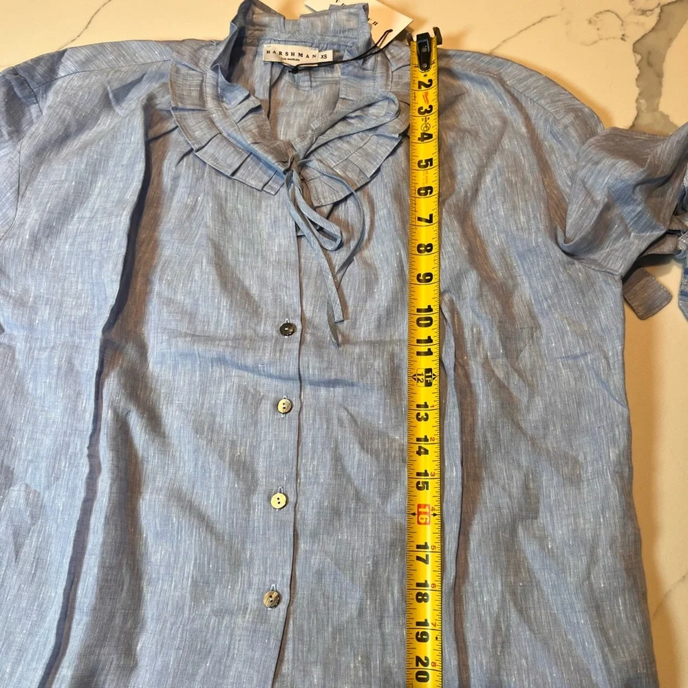 HARSHMAN X-S Linen Blue Striped Blouse with Ruffle Collar - Picture 8 of 8